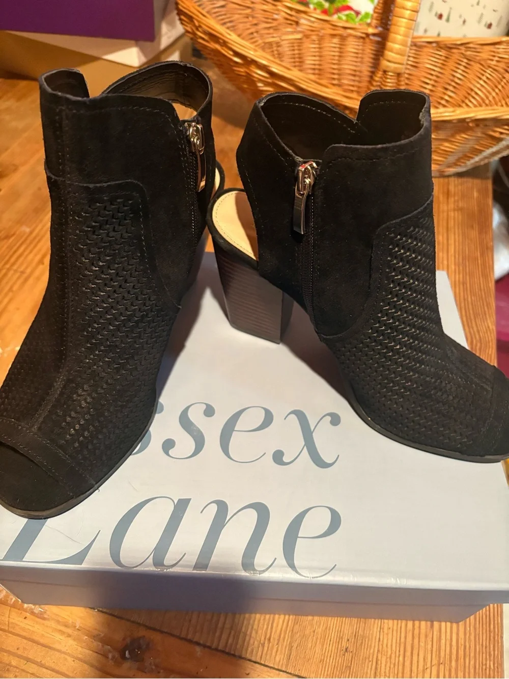 Essex Lane Black Suede Perforated Peep-Toe Block Heel Booties